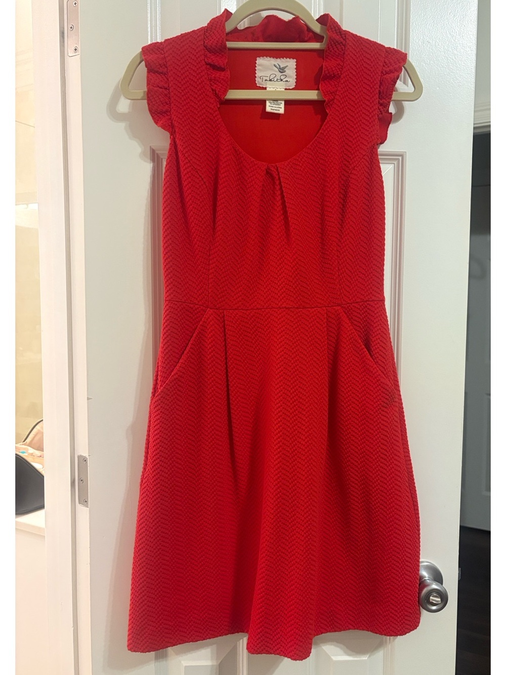 Anthropologie- Bright Red Textured Fit & Flare Mini Dress